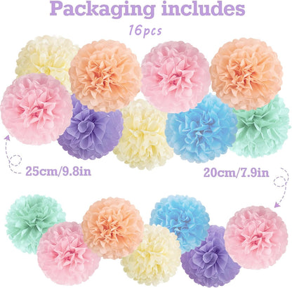 16PCS Pastel Paper Tissue Pom Poms Decoration Macaron Rainbow Candy Ice Cream Easter Paper Flower Balls Wall Hanging Decor for Birthday Wedding Spring Pastel Decoration