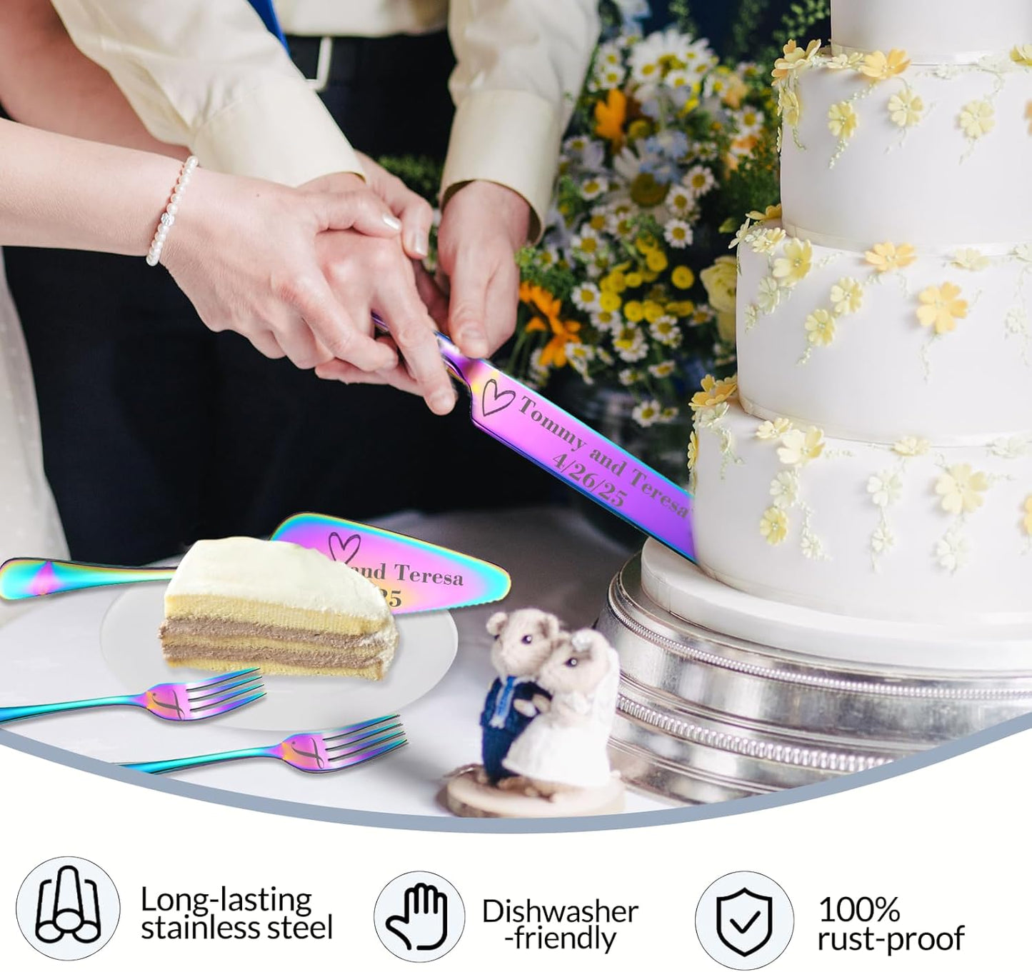 Personalized Wedding Cake Knife and Server Set, Wedding Gold Cake Cutting Set with Stainless Steel Forks, Customized Bridal Anniversary Birthday Wedding Registry Gifts for Couple (Non-customized)