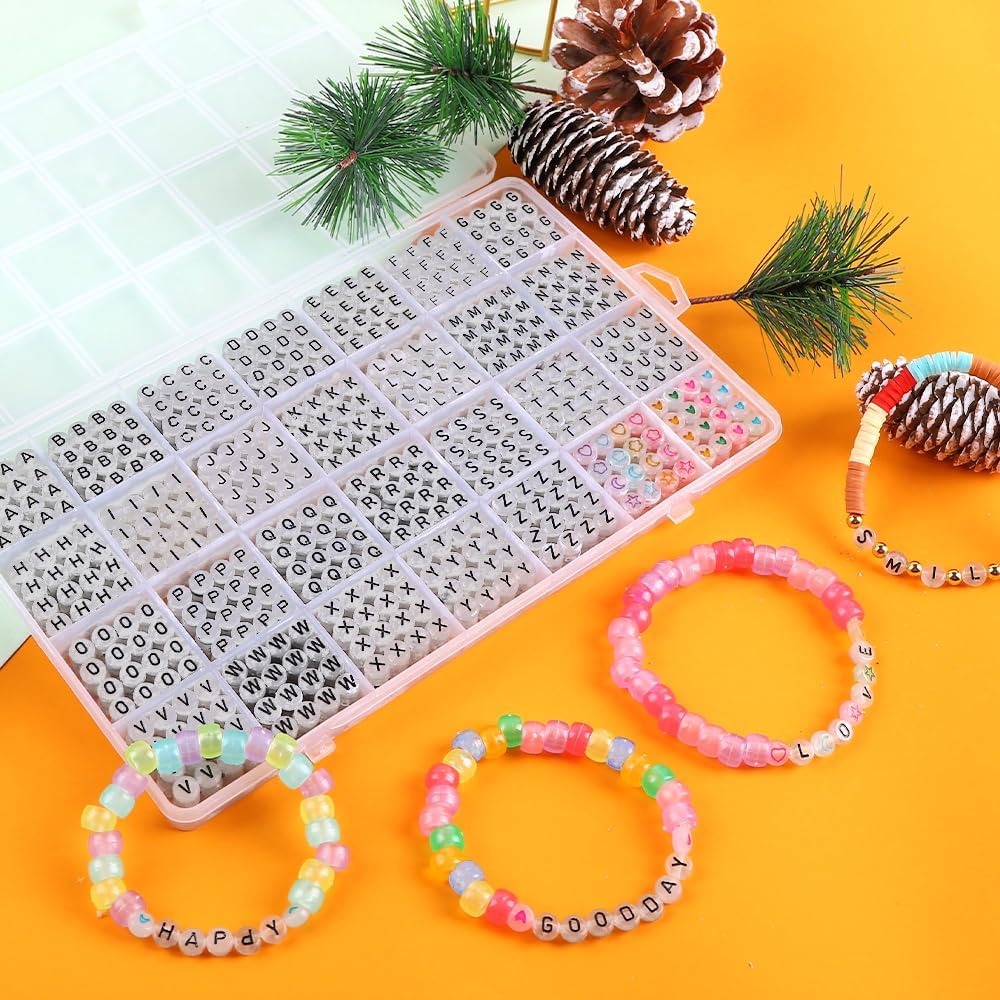 DIYDEC 1400pcs Glow Letter Beads 4x7mm Acrylic Glow in The Dark 28 Grids Round Letter Beads UV Luminous Alphabet Bead with Heart Bead for Bracelets Making DIY Crafts for Girls Adults