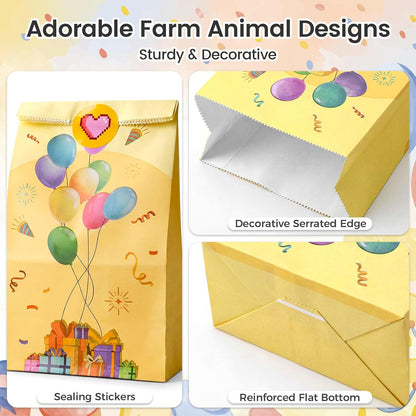LovesTown 24 Pack Birthday Party Favor Bags with Stickers - 8.7"x4.7"x3.1" Festive Balloon & Gift Box Goodie Bags, Colorful Celebration for Kids Birthday, Classroom Rewards & Gift Packaging