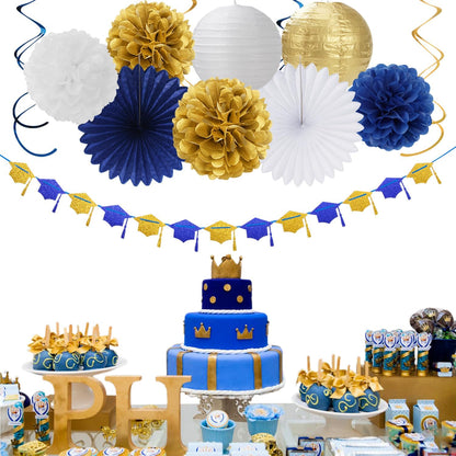 2026 Blue Class-Congratulations Prom Graduation Party-Decorations - 22pcs High School College Grad Supplies Decor,Royal Navy White Silver Tissue Pom Poms Streamers, Paper Flowers Lanterns Hugmoon
