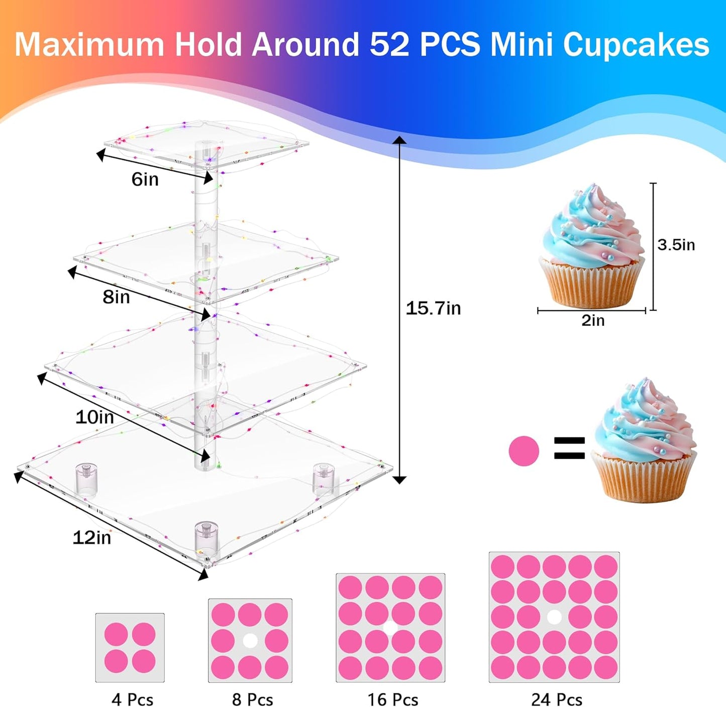 YestBuy Cupcake Stand with Yellow Led Lights, 4 Tier Cupcake Stand for 50 Cupcakes, Acrylic Cupcake Tower Stand, Clear Tiered Cupcake Holder for Birthday Cady Bar Décor Weddings, Parties Events