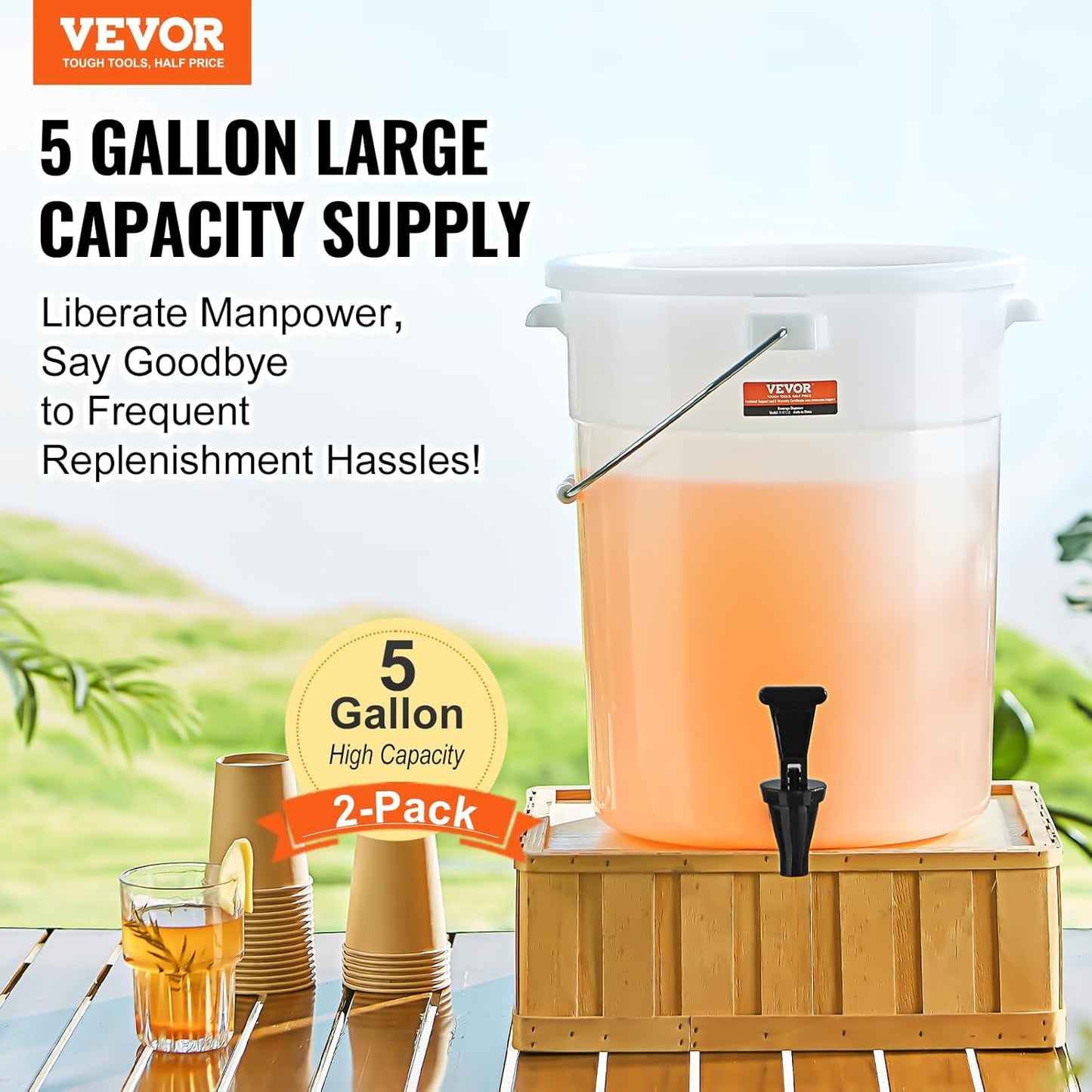 VEVOR Beverage Dispenser, 5 Gallon *2 Drink Dispensers for Parties, Plastic Juice Dispenser with Spigot and Lid, Iced Tea Lemonade Juice Water Dispenser, for Restaurants, Hotels, Parties, 2 Pack