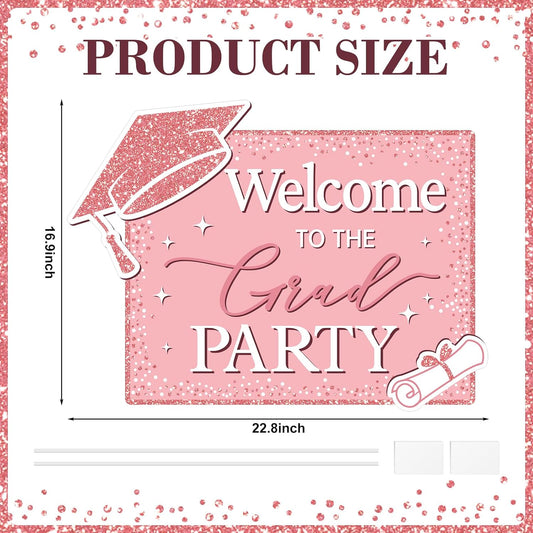 Leinuosen 1 Set Rose Gold Graduation Party Sign with Stakes 2026 Grad Party 17 x 23 inches Welcome Yard Sign Decorations for Outdoor Graduation Supply