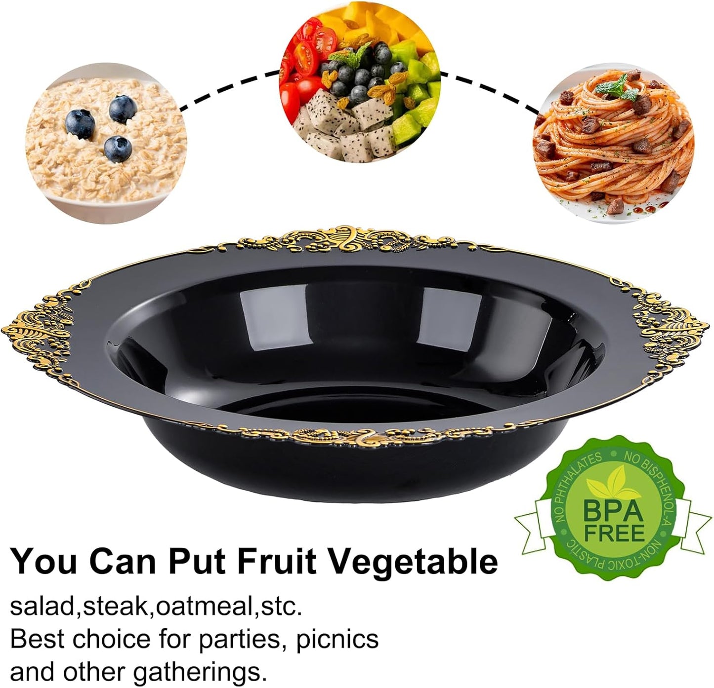 Nervure 50 Pack White Plastic Bowls with Gold Rim - 12oz Disposable Soup Bowls - Heavy Duty Dessert Bowl, Salad Bowl Perfect for Weddings, Parties, Mothers Day