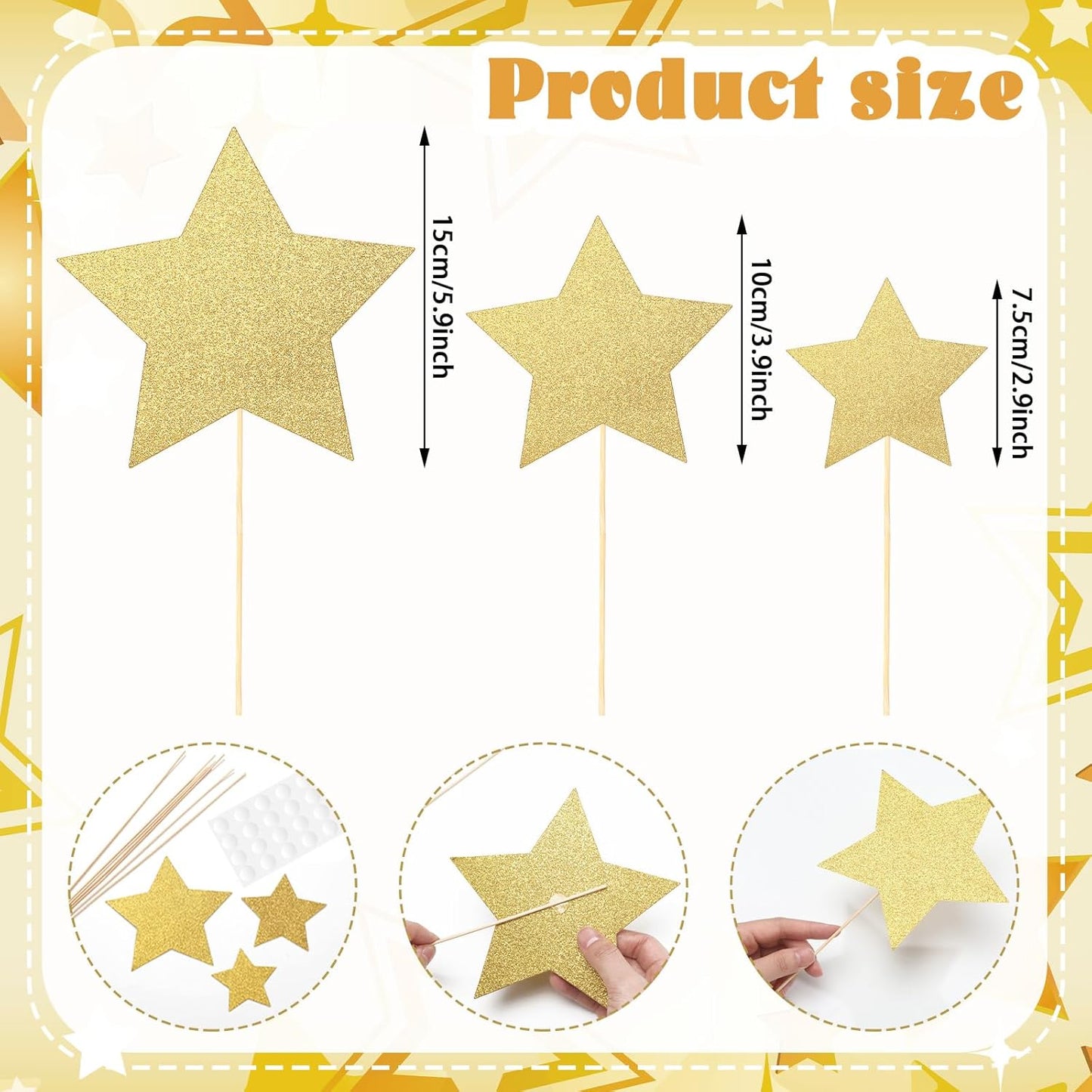 Reallnaive 42 Pcs Gold Star Centerpieces Sticks Twinkle Glitter Star Table Flower Centerpiece Sticks Golden Cake Toppers for Back to School Wedding Engagement Bridal Baby Shower Party Decorations