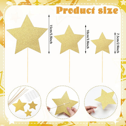 Reallnaive 42 Pcs Gold Star Centerpieces Sticks Twinkle Glitter Star Table Flower Centerpiece Sticks Golden Cake Toppers for Back to School Wedding Engagement Bridal Baby Shower Party Decorations
