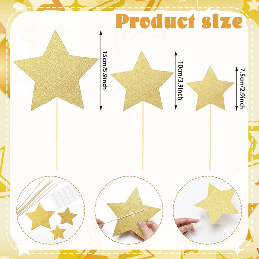 Reallnaive 42 Pcs Gold Star Centerpieces Sticks Twinkle Glitter Star Table Flower Centerpiece Sticks Golden Cake Toppers for Back to School Wedding Engagement Bridal Baby Shower Party Decorations