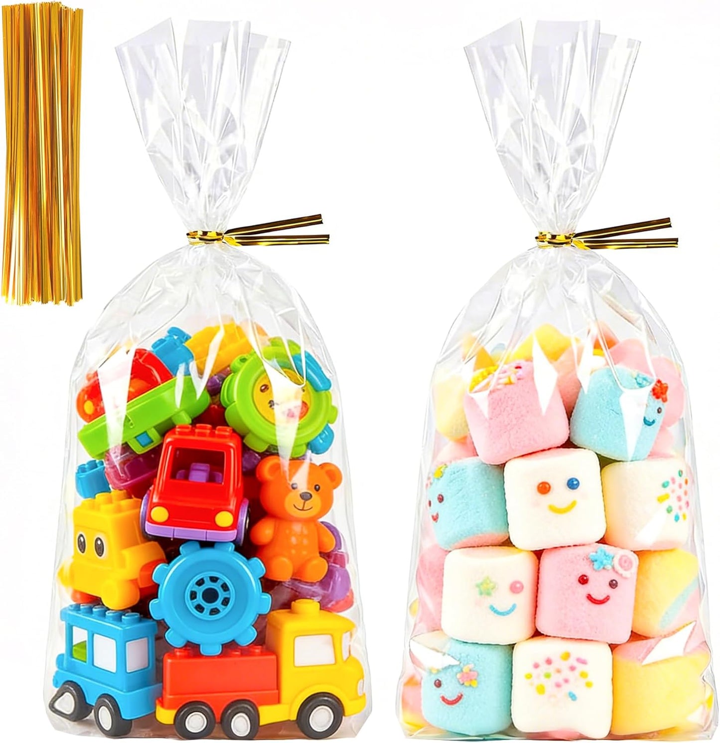 Soarvita 7x10 Inch Cellophane Treat Bags, 50 Pcs Clear Gift Bags with Bottom Gusset for Stand-Up Display, Cellophane Gift Wrap with 60 Gold Ties for Goodies, Treats, Candy, Party Favors, Toys