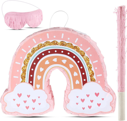 Threan Rainbow Piñata Pink Rainbow Birthday Party Piñata with Bat Stick Blindfold Boho Theme Birthday Baby Shower Toys Games Party Supplies Decor