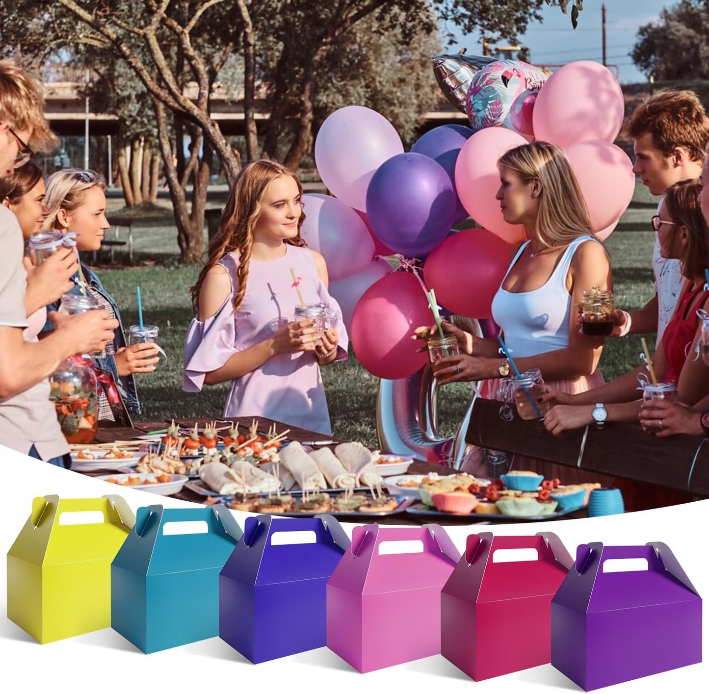 XAGLVV 24 Pack White Paper Gable Boxes,6.2 Inch Candy Boxes with Handle, Snack Party Favor& Gift Cookie bags for kids Birthday,Wedding, Baby Shower, Graduation.