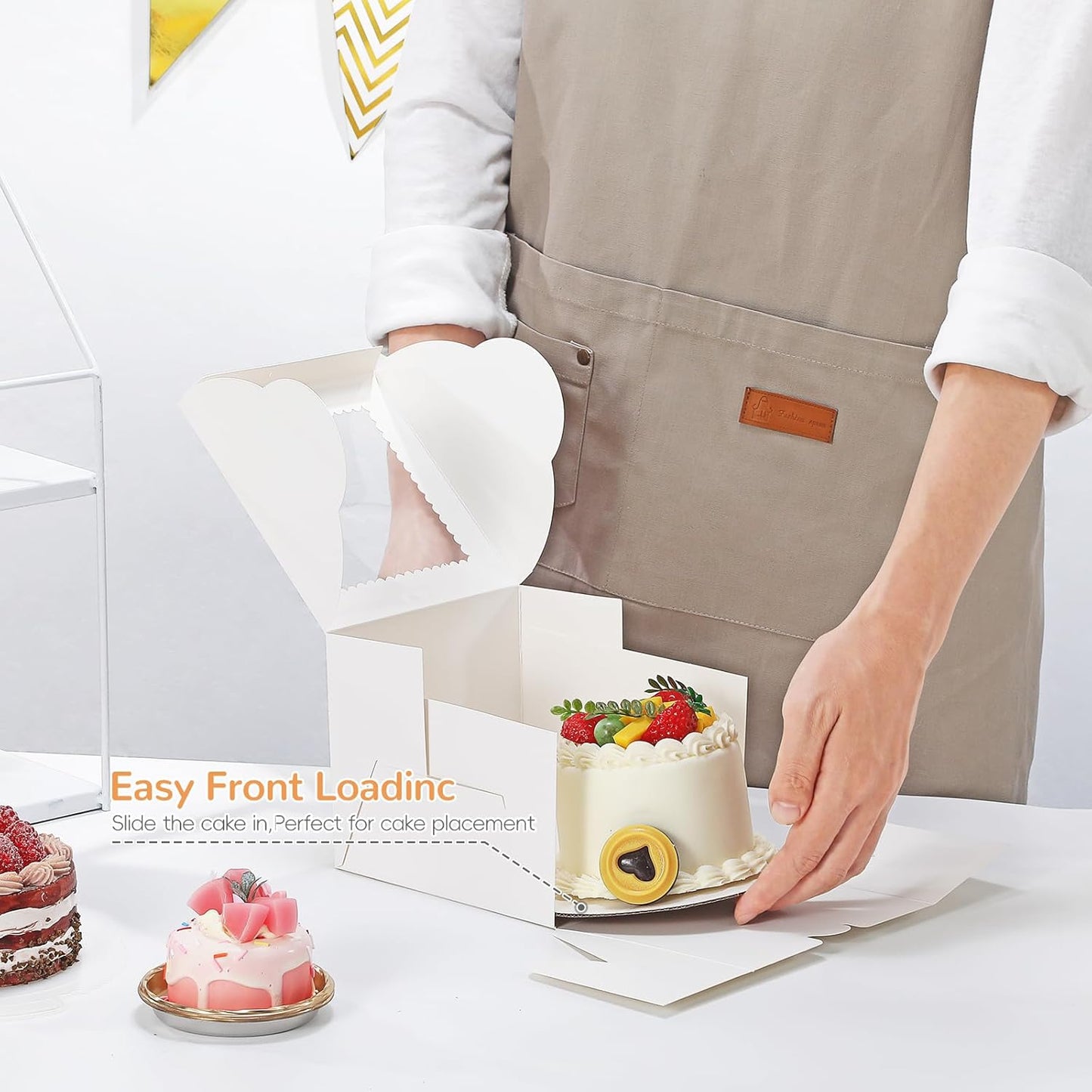 4pcs 6 Inch Cake Boxes with Sticks and Boards for Cookies, Small Cakes, Mini Desserts, Bento, and Bakery, Cupcake Box for Birthday, Party, Wedding, Mother's Day, Christmas（6x6x5 inch）