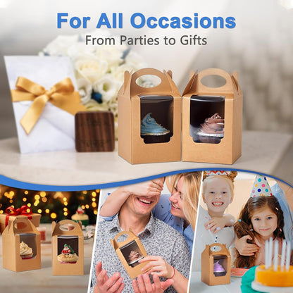 Cupcake Boxes 50 pcs, Individual Cupcake Containers Brown with Window Insert and Handle, Pastry Box Single Muffins Holder Disposable for Bakery Wrapping Party Favor Packaging