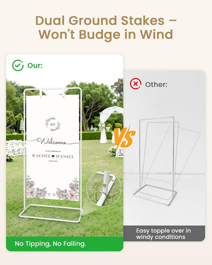 Wedding Welcome Sign Stand, Welcome to our Wedding Sign Holder, Black Easel Stand for Sign Poster With Design Bundle & Ground Stakes & Leather Sign Hanging Straps, Linen Sign Stand for Wedding Decor
