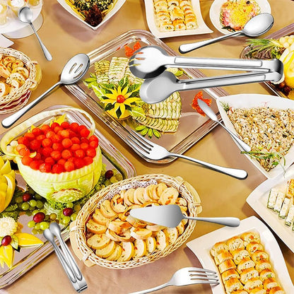 11 PCS Serving Utensils, Large Stainless Steel Spoons Forks Tongs, Pie Server, Great for Hostess Buffet Catering Banquet Party, Silver
