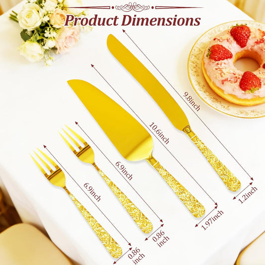 4 PCS Wedding Cake Knife and Server Set, Elegant Gold Cake Cutting Set with Engraved Handles and Forks for Wedding Anniversary, Engagement Party