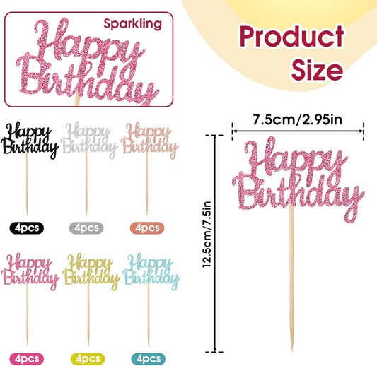 24 Pcs Happy Birthday Cupcake Toppers, Glitter Birthday Cupcake Toppers Sticks Birthday Cake Toppers Food Picks for Happy Birthday Party Anniversary Celebration Cake Cupcake Decorations, 6 Colors