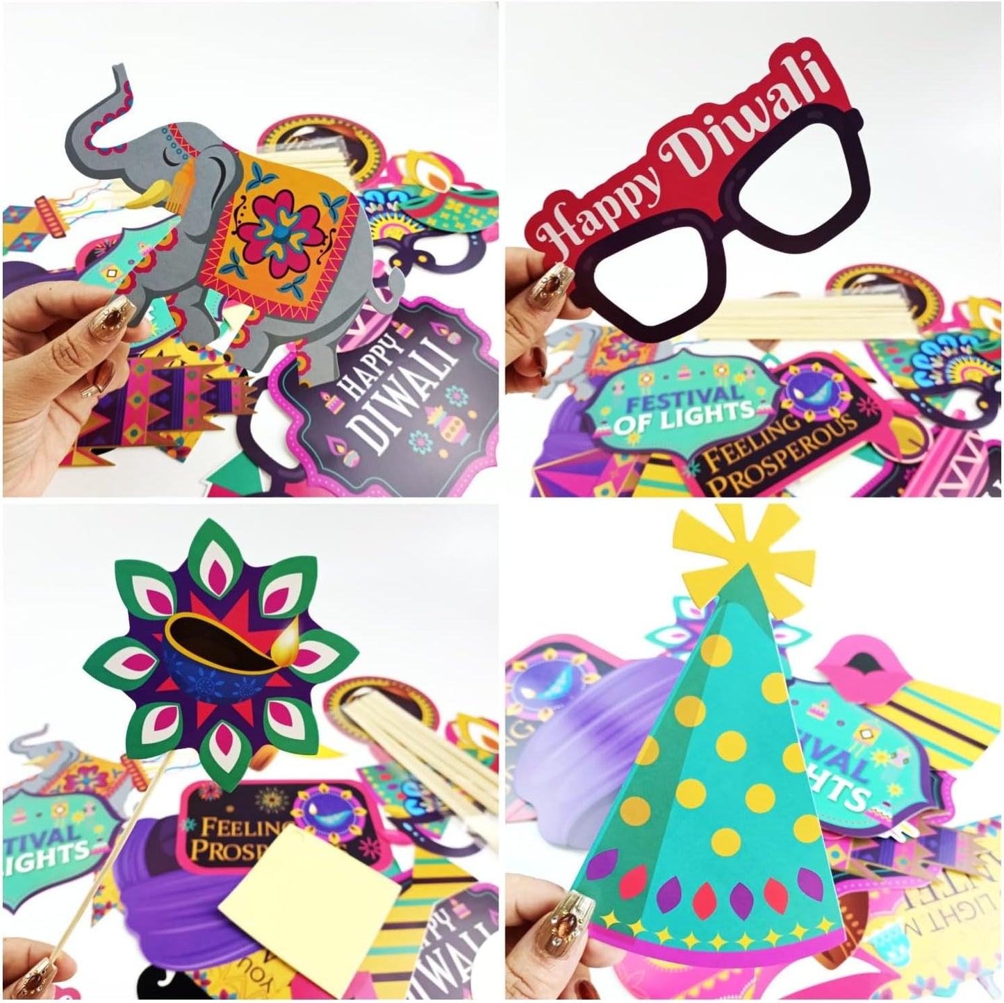 KYMY Happy Diwali Party Photo Booth Props Set, 1pc Deepavali Rangoli Selfie Frame with 20pcs Photo Booth Props, India Festival of Lights Party Favors for Hindu Diwali Themed Decorations Supplies