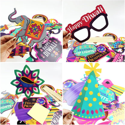 KYMY Happy Diwali Party Photo Booth Props Set, 1pc Deepavali Rangoli Selfie Frame with 20pcs Photo Booth Props, India Festival of Lights Party Favors for Hindu Diwali Themed Decorations Supplies