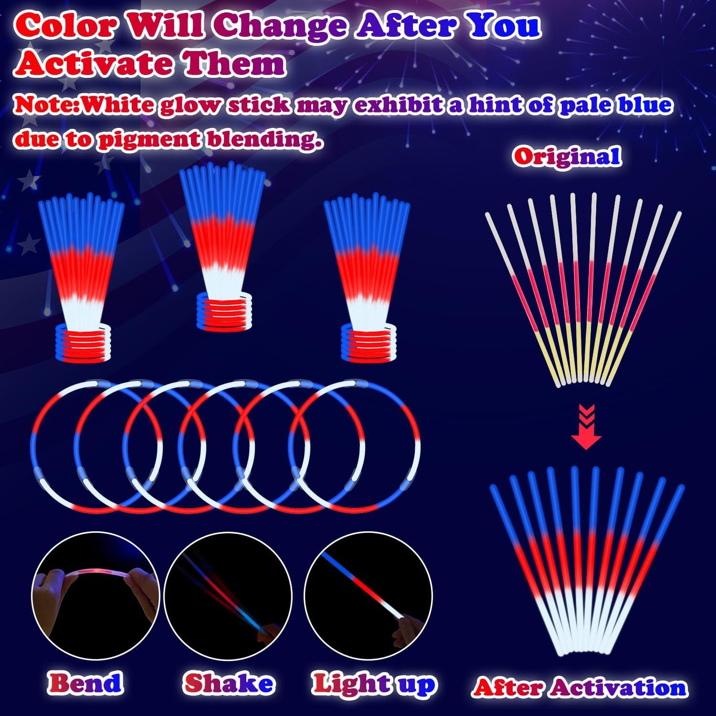 Glow Sticks Party Pack 8"-50, Light up Bracelets & Necklaces Accessories for Kids, 250th Anniversary 4th of July Neon Glow in the Dark Party Favor Supplies Decoration for Camping Wedding Dance Parade