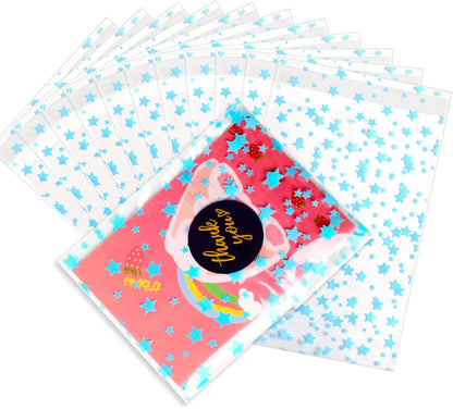 100 Pcs Star Printed 5"X 7" Gift Wrap Cello Cellophane Treat Bags Party Favor bags Clear Candy Cookie Bag Plastic Poly Goodie Storage Bag with Twist Ties for Bakery,Birthday, Wedding ,Party Decorations (Gold)