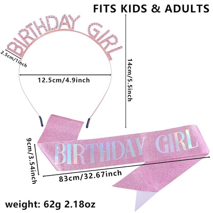 Birthday Sash and Crown Set for Women – Pink Glitter Birthday Girl Sash with Rhinestone Tiara Headband for Party Celebration Gift