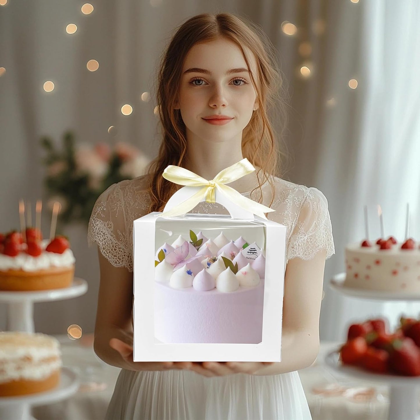 15PCS Brown 6x6x6 Inch Cake Boxes with Window Handle Boxes 6 Inch with Cake Boards for Gift Giving Elegant Paper with Ribbon Stickers for Weddings Birthdays Holidays Corporate Event Party Favors