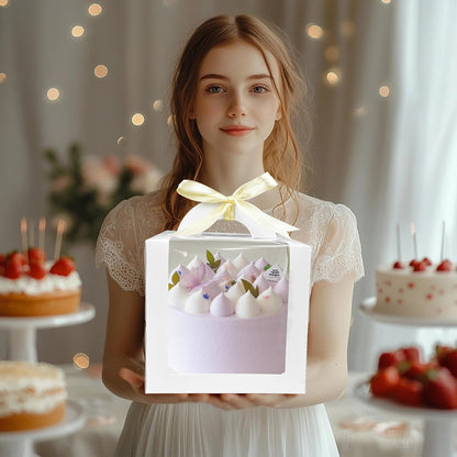 15PCS Brown 6x6x6 Inch Cake Boxes with Window Handle Boxes 6 Inch with Cake Boards for Gift Giving Elegant Paper with Ribbon Stickers for Weddings Birthdays Holidays Corporate Event Party Favors