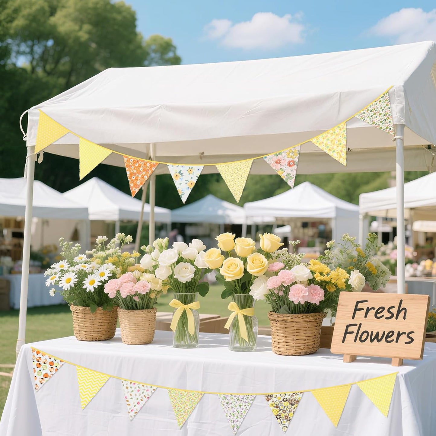 G2PLUS 39Ft Triangle Bunting Banner, 42Pcs Pink Floral Garland Pennant Banner, Reusable Cotton Triangle Flags Party Decoration for Birthday, Wedding, Garden Tea Party, Baby Shower, Room Decor
