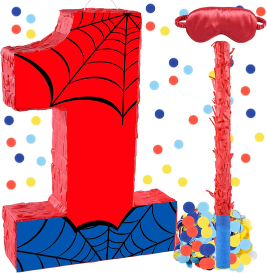 16 Inch Number 4 Spider Web Pinata with 16 Inch Piñata Stick Blindfold Confetti for Boy Girl Kids 4th Birthday Party Decorations (4th)