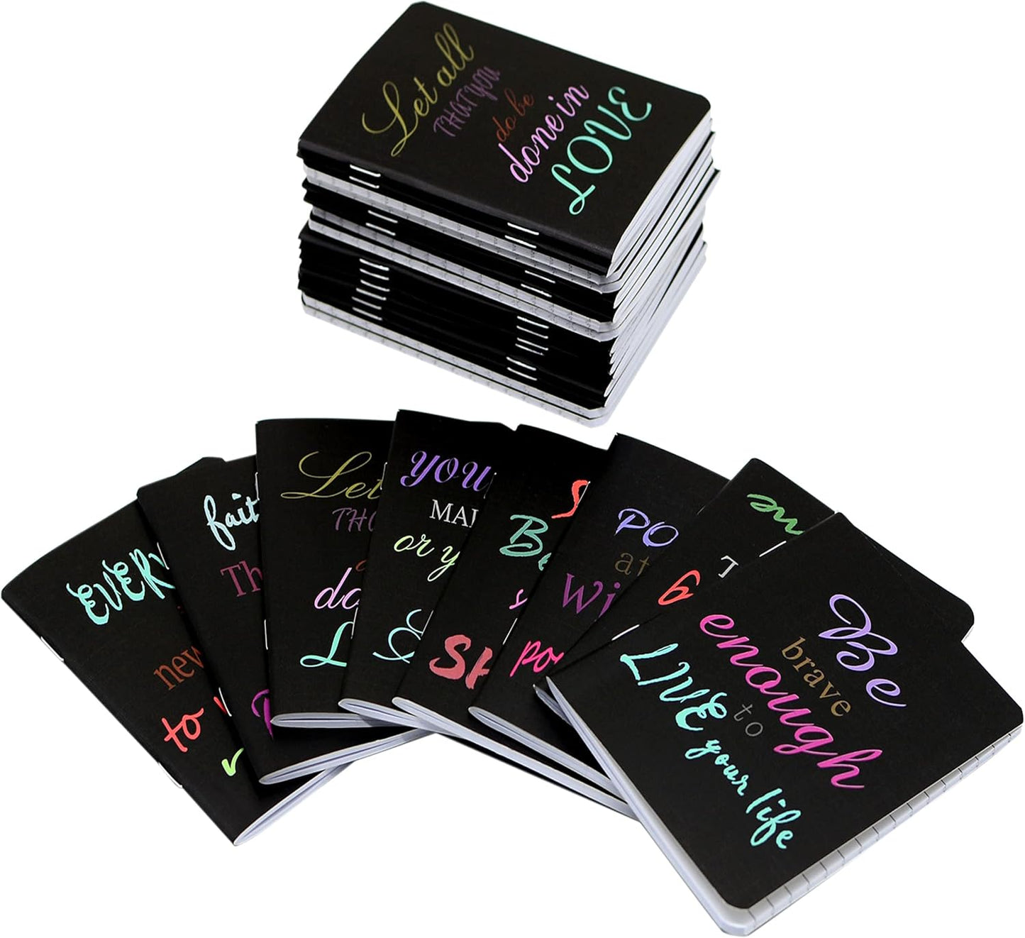 YYaaloa 48pcs Mini Notepads Black Inspirational Pocket Notebooks, Happy Journal Small Notebooks Bulk for Party Office Home Coworkers Travel Gift Present Supplies (48pcs-8styles, Black Inspirational)