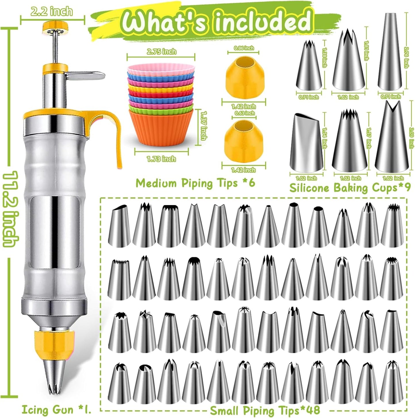 NOVANO Dessert Decorating Syringe Set, Frosting Piping Kit Stainless Steels Cake Decorating Kit with 54 Piping Tips & 9 silicone cupcakes, Cupcake Decorating Kit Piping Bags and Tips Set