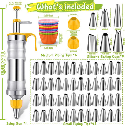 NOVANO Dessert Decorating Syringe Set, Frosting Piping Kit Stainless Steels Cake Decorating Kit with 54 Piping Tips & 9 silicone cupcakes, Cupcake Decorating Kit Piping Bags and Tips Set