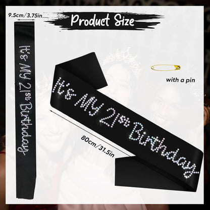 It's My 21st Birthday Sash, Black Satin Birthday Sash with Glitter Rhinestones Decorations for Girls or Women, Finally 21 Bday Sashes, Ideal Twenty One Gifts, Happy 21 Bday Party Decorations