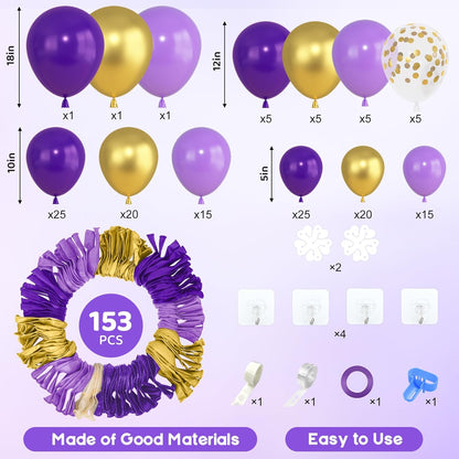 Amandir 153pcs Pink Purple Balloon Garland Arch Kit, Different Sizes 18 12 10 5 inch Pink Purple Red Latex Metallic Confetti Purple Balloons for Girl Women Birthday Bridal Baby Shower Party Decoration