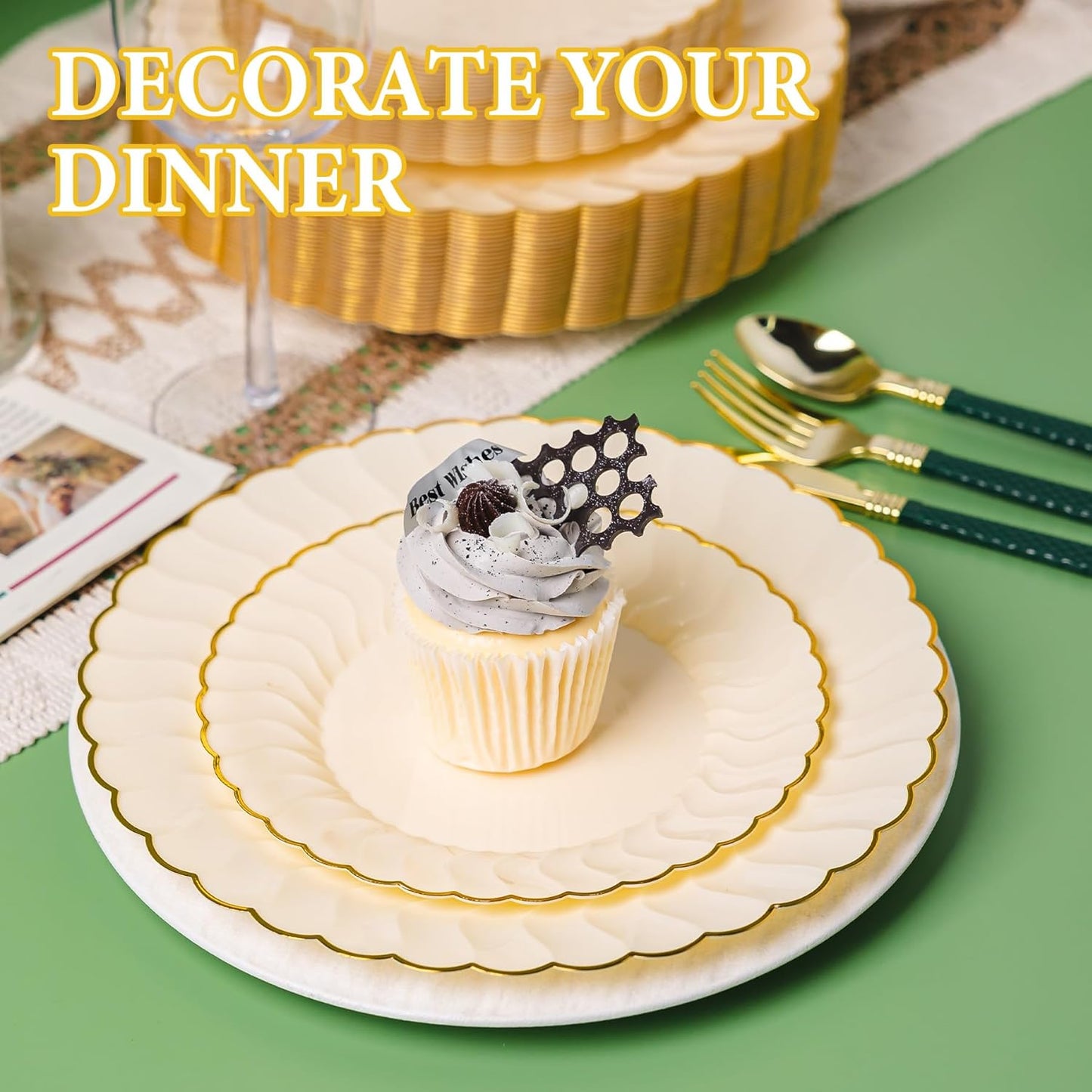 Lullaby 60PCS Ivory Scalloped Plastic Plates with Gold Rim, Disposable Elegant Plates Include 30pcs Dinner Plate 10.25", 30pcs Plastic Dessert Plate 7.5", Perfect for Wedding and Party