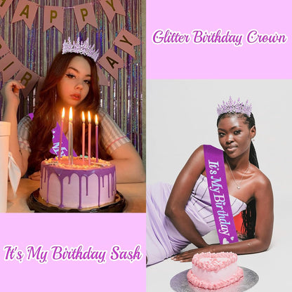 CURASA Birthday Tiara and Sash - Silver Birthday Crown for Women, Perfect for Parties and Celebrations