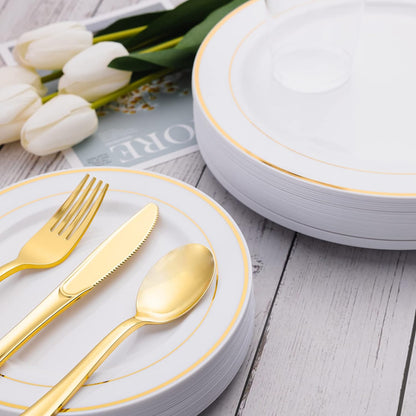 N9R 60PCS Gold Plastic Silverware - Gold Plastic Cutlery Set Disposable Flatware Dinnerware -30 Forks, 15 Spoons, 15 Knives for Party, Thanksgiving, Christmas