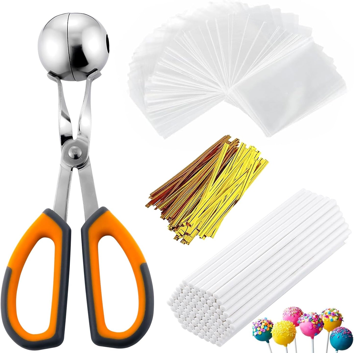 Lollipop Cake Pop Treat Bag Kit, Including 100Pcs Cake Pop Sticks, 100Pcs Parcel Bags, 100Pcs Twist Ties and 1 Cake Pop Mold, Cake Pop Maker Tools for Lollipops, Candies, Chocolates, Cookies