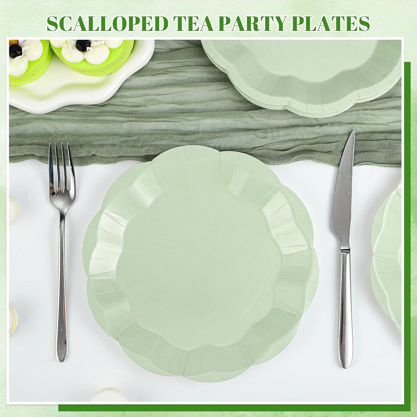 NatNarr 30 Pcs Sage Green Paper Plates, 7 Inch Scalloped Paper Plates Small Dessert Cake Plate Cute Party Plate Disposable Sage Greens Party Supplies for Wedding, Baby Bridal Shower, Birthday