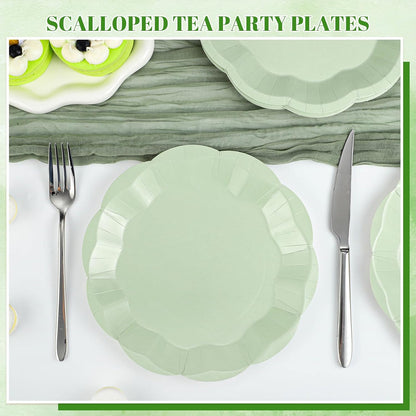 NatNarr 30 Pcs Sage Green Paper Plates, 7 Inch Scalloped Paper Plates Small Dessert Cake Plate Cute Party Plate Disposable Sage Greens Party Supplies for Wedding, Baby Bridal Shower, Birthday