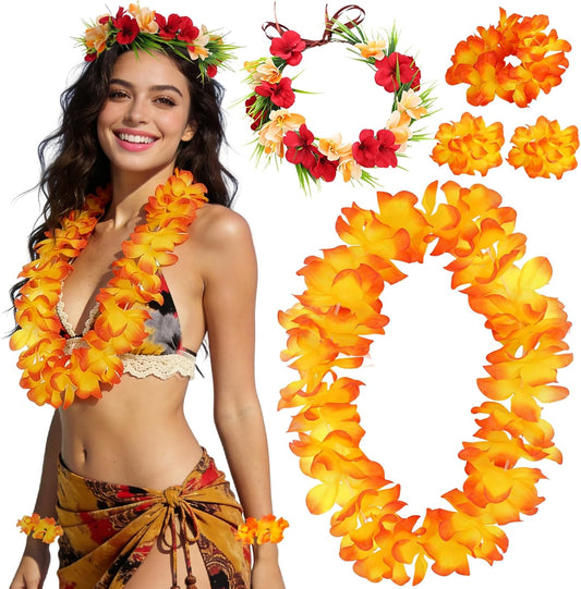 5 PCS Hawaiian Leis Flower Crown Set - Leis for Luau Party Tropical Orange Red Flower Crowns for Women Hawaiian Leis for Adults Flower Headband Summer Beach Hawaiian Party Decorations Accessories