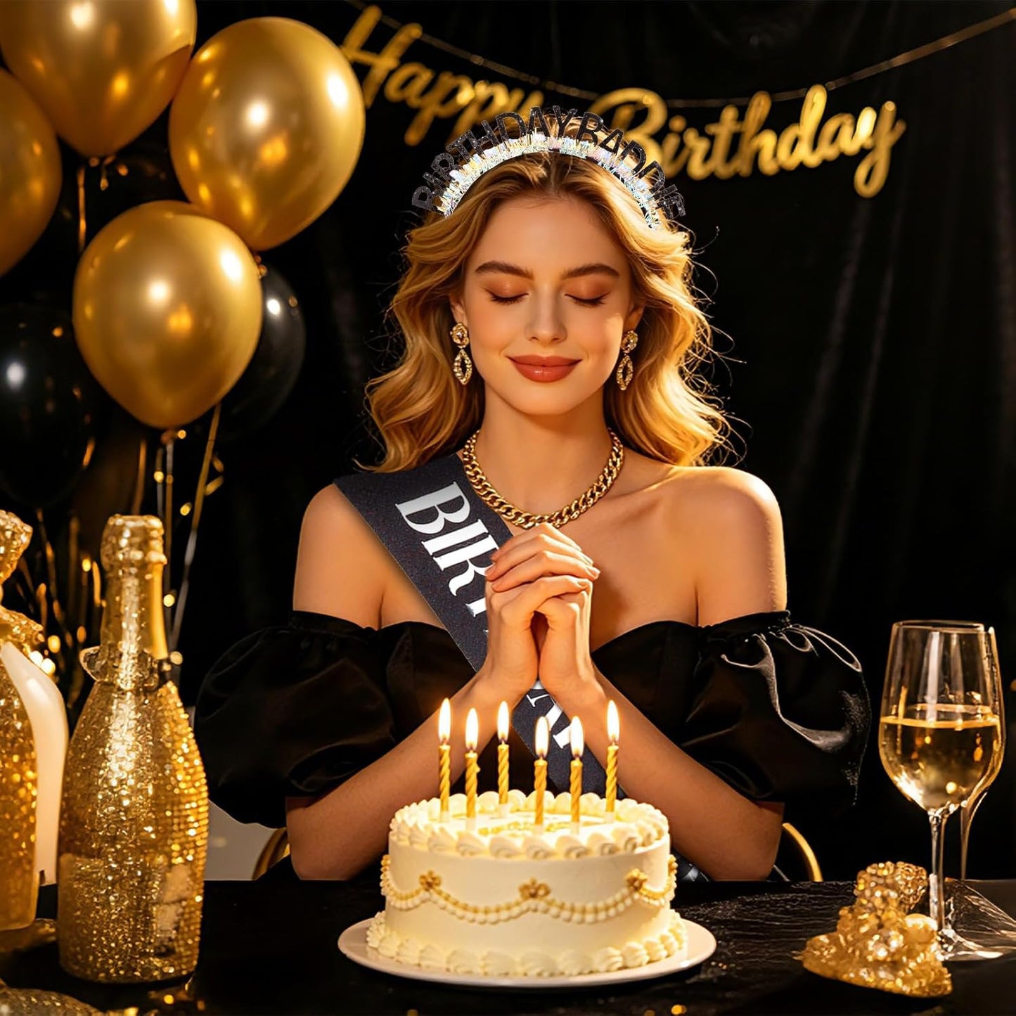 Birthday Baddie Glitter Headband and Sash Set, Black with Iridescent Tinsel, Birthday Party Accessories