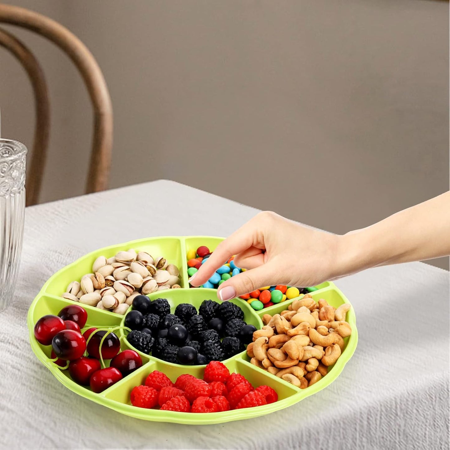 Frcctre 20 Pack Disposable Plastic Appetizer Serving Platter, 12 Inch 6 Sectional Divided Snack Nut Candy Veggie Fruit Dish Serving Platter Divided Food Tray
