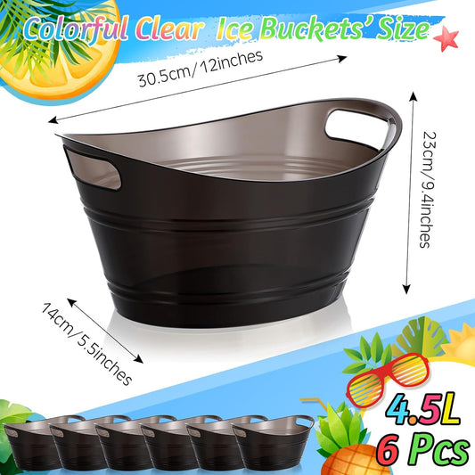 meekoo 6 Pcs Plastic Ice Buckets Bulk with Handles 4.5L Oval Storage Tub Large Capacity Ice Drink Bucket for Party Bar Wine Beer Champagne Beverage Bottle Cooler (4.5 L,Rose Red)
