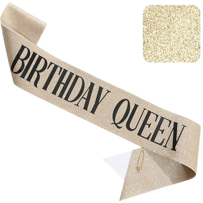 Gold Glitter Birthday Queen Sash for Women Girls, Happy Birthday Party Supplies and Decorations