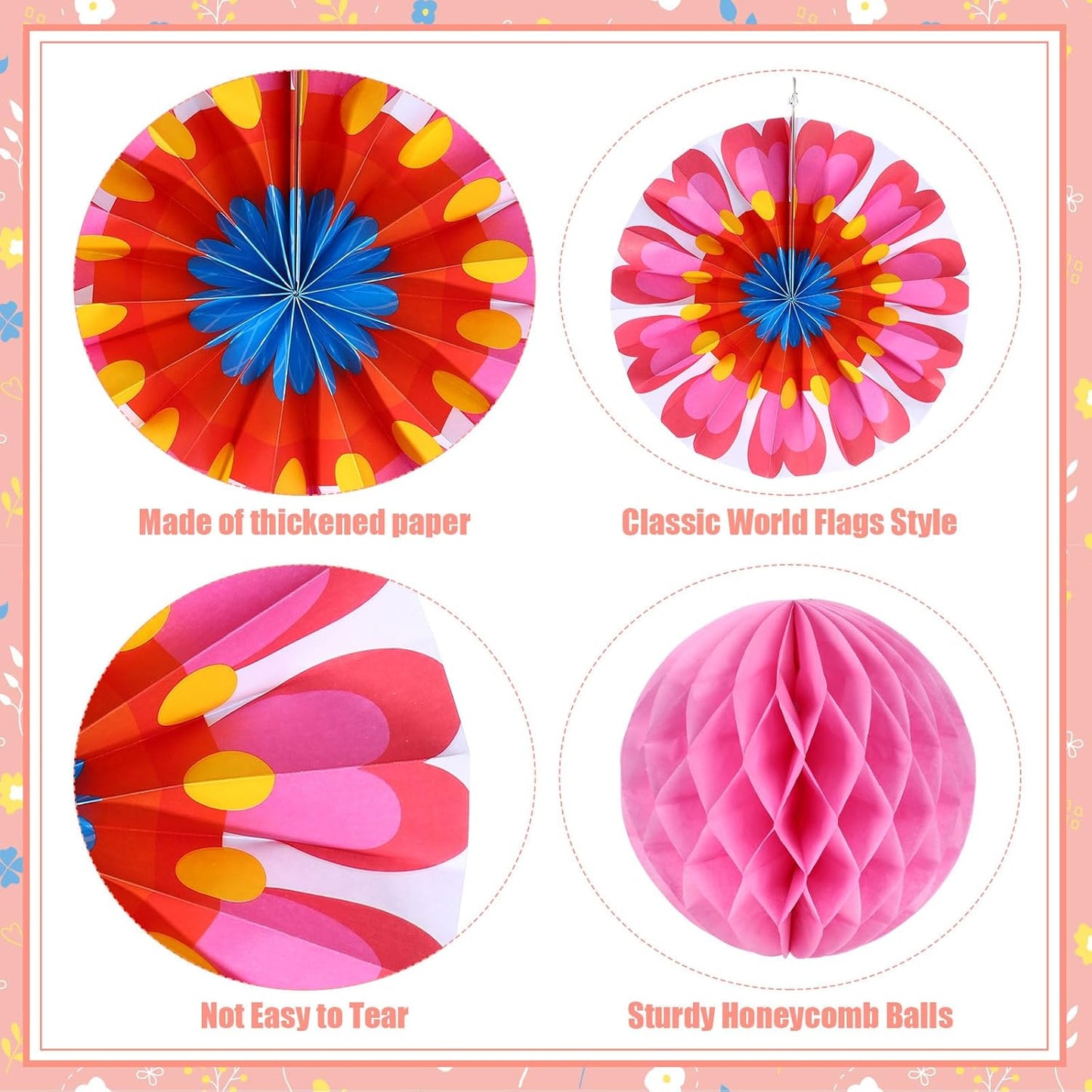 Outus 21 Pcs Spring Flower Hanging Paper Fans Flower Paper Fans Classroom Decorations Springtime Summer Tissue Pom Poms for Ceiling Wedding Birthday Party Supply Classroom Decor(Spring Flower)
