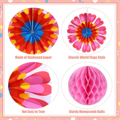 Outus 21 Pcs Spring Flower Hanging Paper Fans Flower Paper Fans Classroom Decorations Springtime Summer Tissue Pom Poms for Ceiling Wedding Birthday Party Supply Classroom Decor(Spring Flower)