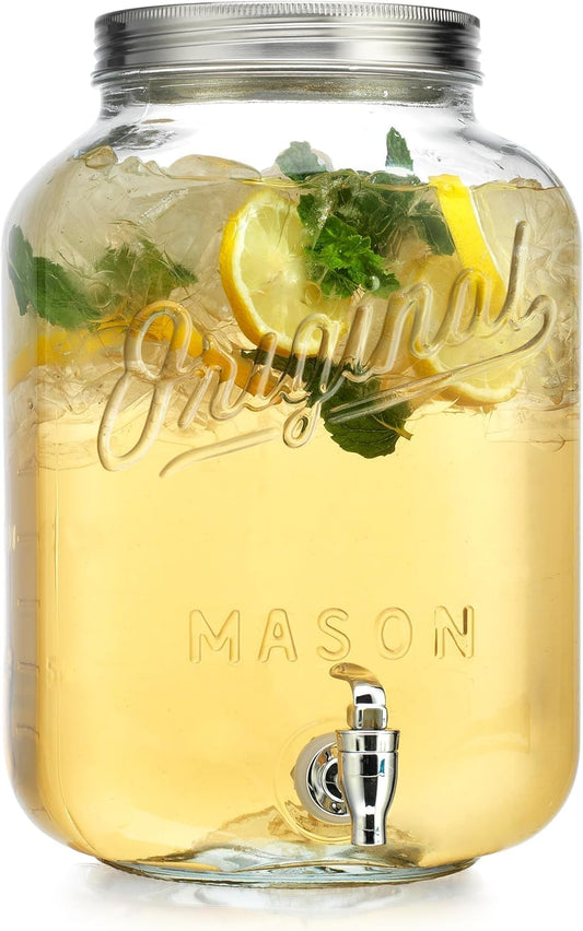 2 GALLON Glass Drink Dispensers for Parties, Original Mason Ice Beverage Dispensers, Glass Water Dispenser with Spigot, Laundry Detergent Dispenser, Lemonade Dispenser