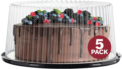 10 - 11" Plastic Disposable Cake Containers Carriers with Dome Lids and Cake Boards | 5 Round Cake Carriers for Transport | Clear Bundt Cake Boxes / Cover | 2-3 Layer Cake Holder Display Containers